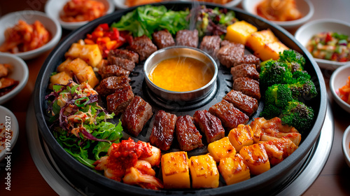 Korean bbq platter with grilled beef cubes vegetables and melted cheese in center pan