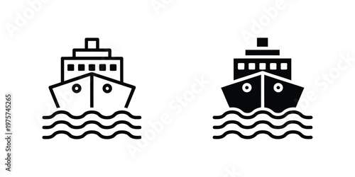 Cruise ship linear and solid black symbols on white set