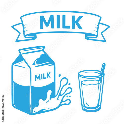Milk carton package with splash and glass dairy drink illustration
