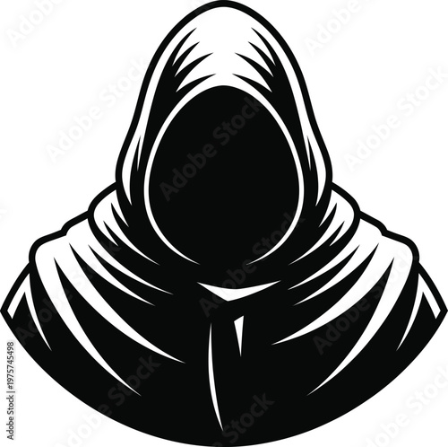 Hooded figure silhouette suggests mystery, secrecy, and anonymity in this dark conceptual character illustration.