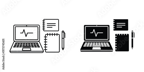 Laptop with ekg heartbeat screen, spiral notebooks, and pen set