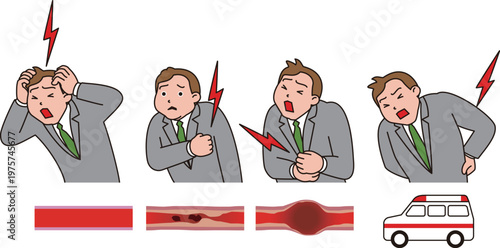 高血圧などからの病気のサイン。突然の頭痛、胸痛など症状があるビジネスマンのイラスト。