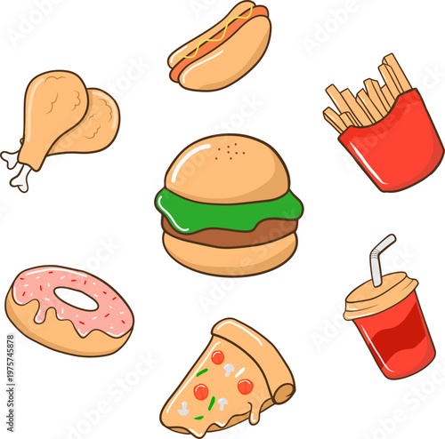 Cute Fast Food Cartoon Set with Burger, Pizza, Fries and Drink Illustration