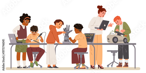 Group of diverse children during robotics lesson with woman teacher flat vector illustration isolated on white. Students studying engineering, programming, modern technologies.