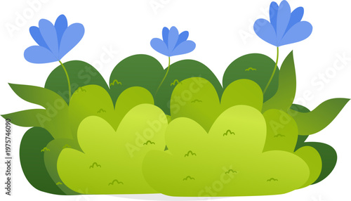 Stylized Green Bushes with Blue Flowers Illustration. Flat Design Nature Element