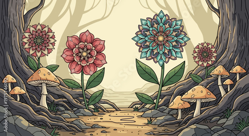 Colorful flowers and mushroom growth.