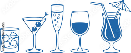 Minimal line art illustration of assorted cocktail and beverage glasses, martini champagne wine and tropical drinks, simple modern bar menu design concept