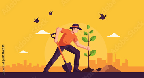 Man Planting Young Green Tree Sapling.