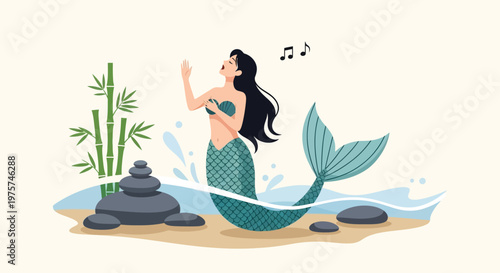 Mermaid singing with musical notes.