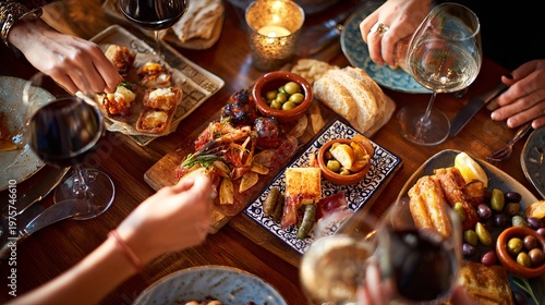 Friends eat tapas at a table, reaching for appetizers together.