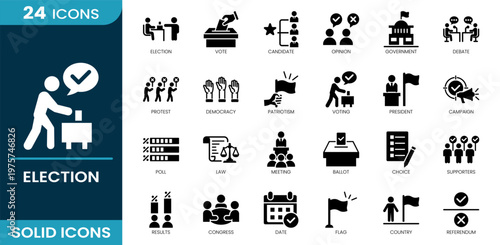 Election icon set. Voting system, ballot, candidate, opinion, government, debate, protest, democracy, campaign, poll, law, meeting, supporters, results, referendum. Solid vector icons.