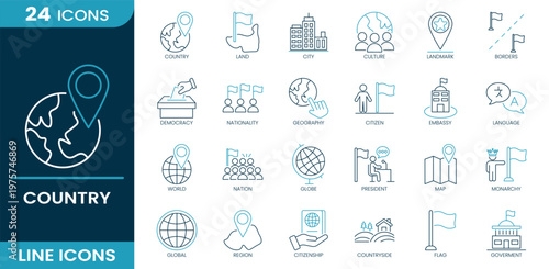 Country icon set. World map, country, land, city, culture, landmark, borders, nationality, geography, citizen, embassy, language, globe, region, flag, government. Line vector icons.