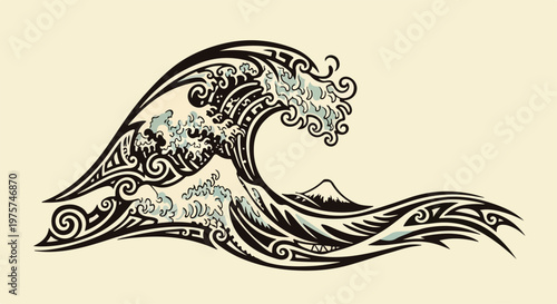 Nature tribal wave wall art, ocean wave blended with wind and water tribal elements, organic composition, earthy tones