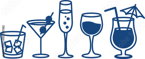 Minimal line art illustration of cocktail and beverage glasses set, martini champagne wine and tropical drinks, modern simple bar menu design