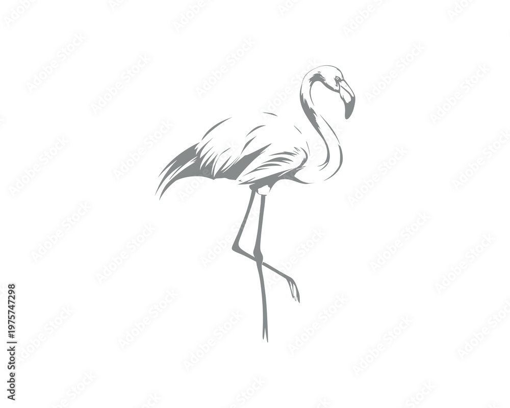 Obraz premium Elegant black and white line art of a flamingo standing on one leg, minimalist wildlife illustration