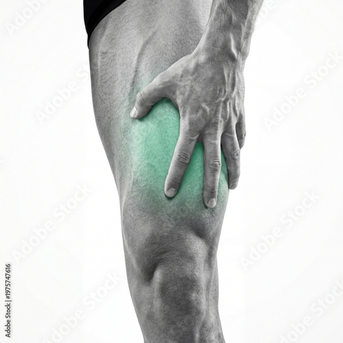 A male hand firmly grips a painful leg muscle revealing an area of discomfort highlighted with a vibrant green tint