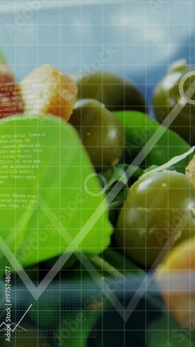 Vertical video: Camera pulling back revealing leaf, olives while HUD graphs over bowl for food ads