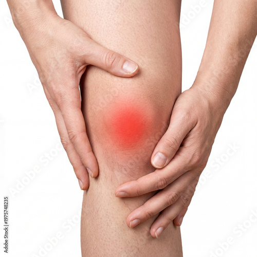 A person's hands gently touch a human knee joint with a glowing bright red area signifying severe pain and inflammation condition
