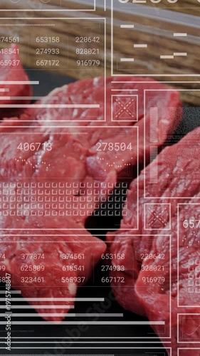 Vertical video: Camera panning over three beef on mat, driving HUD grid moving across meat for food