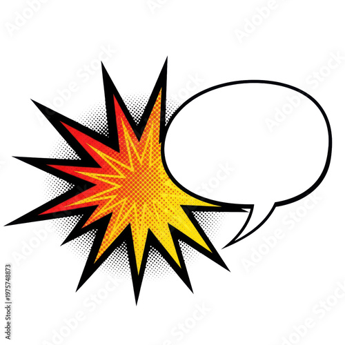Stylized pop art illustration: dynamic comic starburst explosion in vibrant red and yellow ben-day dots next to an empty white speech balloon, isolated on white. concept for bold retro graphic