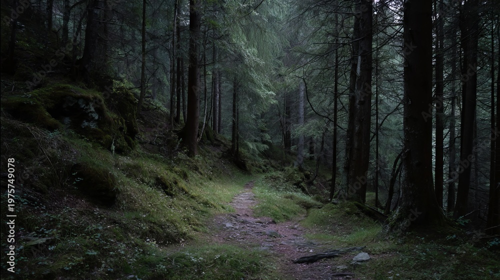 Fototapeta premium Trail winds through the dark, quiet woods.
