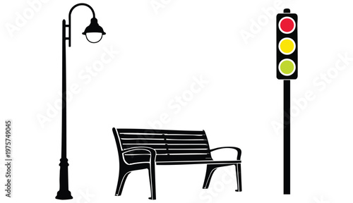 Urban Street Furniture Vector Silhouette Set Featuring Lamps, Benches, and Traffic Signals in Black Side View
