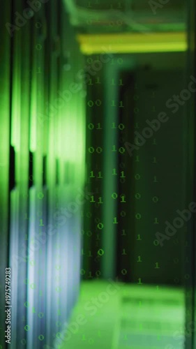 Vertical video: Server racks being revealed by camera push, binary rain falling, showing data flow