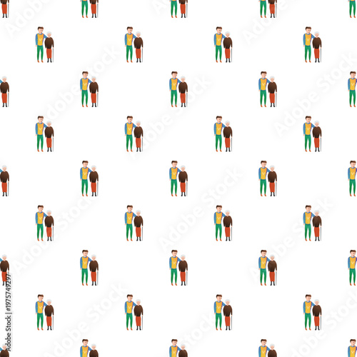 Seamless pattern showing young man assisting an elderly woman with a walking stick