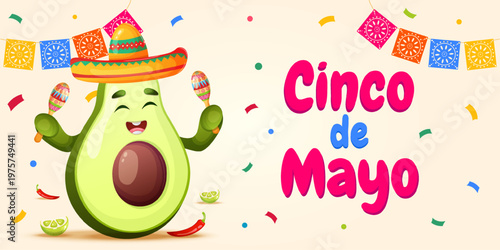 Festive cinco de mayo web banner with cartoon avocado character wearing sombrero and playing maracas. Vector design with mexican vibe