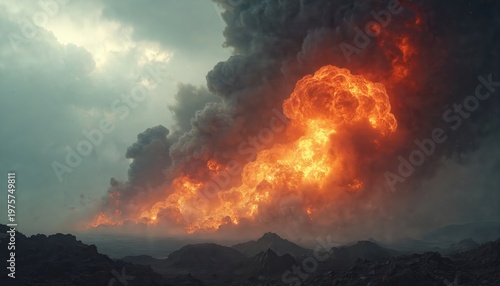 Massive fire eruption with orange flames and dark smoke plumes rising into overcast sky. Intense explosion silhouette over barren rocky terrain. Catastrophe scene, disaster impact, power surge event.