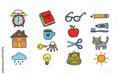 Colorful Doodle Illustration of School and Home Objects Clipart