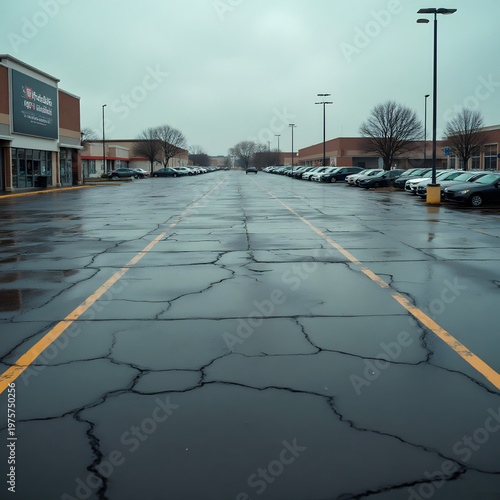 Empty shopping mall parking lot during 2026 fuel crisis.