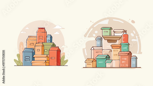 A vibrant collection of cartoon mailboxes and postal service icons, representing communication and delivery services, depicted in a clean, flat design aesthetic