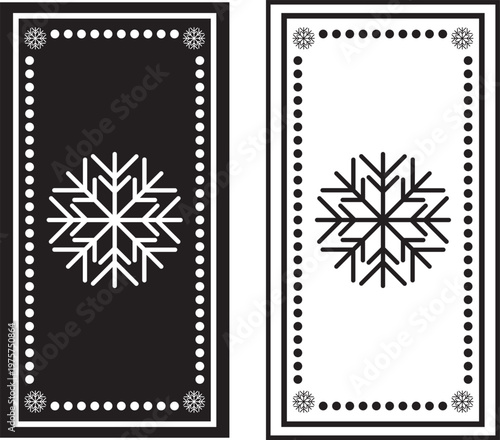 Vibrant red and green holiday greeting cards with elegant snowflake designs, perfect for winter season celebrations and festive decorations. Winter holiday decorative border featuring stylized black l