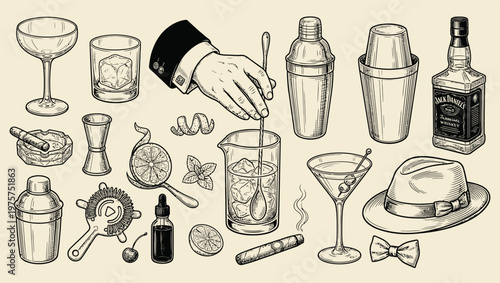 Large collection of bar and cafe drinks illustrated in a detailed black and white vintage engraving style, featuring cocktails, wine, beer, coffee, and barware accessories