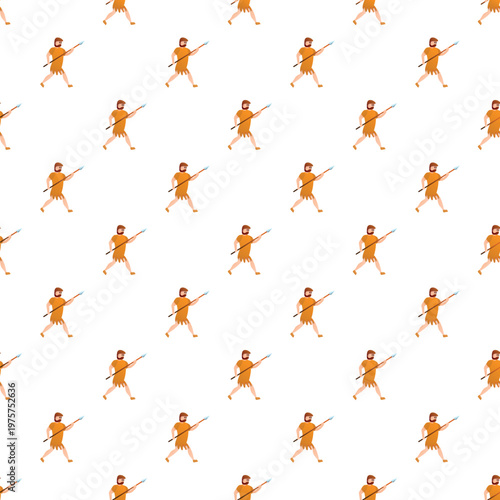 Caveman primitive hunter running with a spear creating a seamless pattern