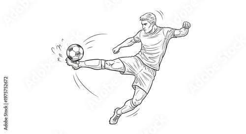 Man kicking a soccer ball with leg.