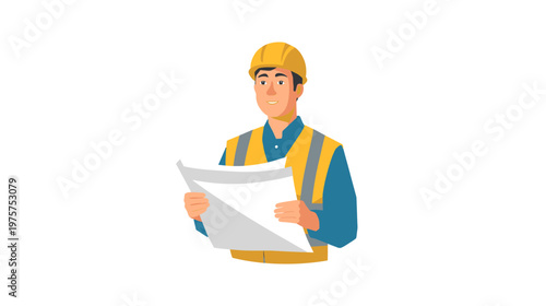 Young male engineer or project manager in safety hard hat and reflective vest studying building schematics, vector character holding architectural blueprints, white background