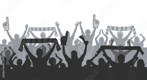 Cheering crowd with raised hands and banners.