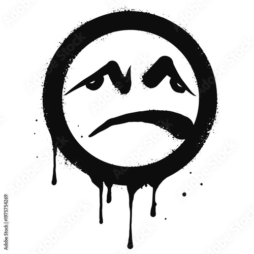 Scary sick face emoticon character. Spray painted graffiti Sad face in black over white. isolated on white background. vector illustration