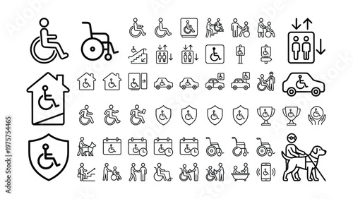 Set of 30 outline icons related to wheelchair. Linear icon collection. Editable stroke. Vector illustration

