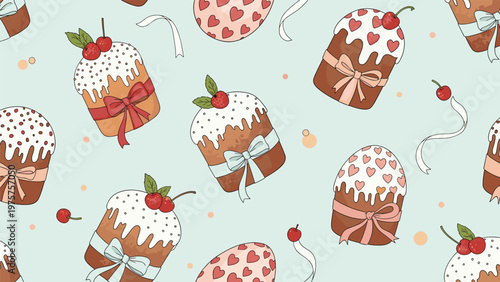 Festive seamless pattern featuring traditional Easter cakes with white icing, cherries, and colorful bows on a soft light blue background.