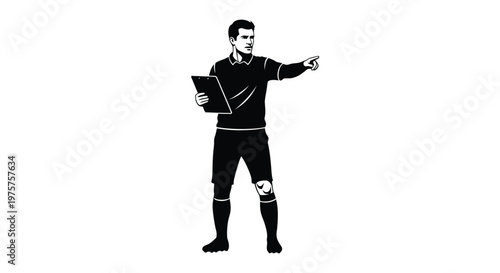 Soccer coach in black and white giving instructions with a clipboard