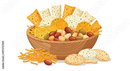 A wooden bowl overflowing with assorted snack foods and treats