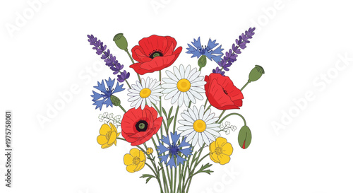 A colorful bouquet of wildflowers including poppies cornflowers and daisies