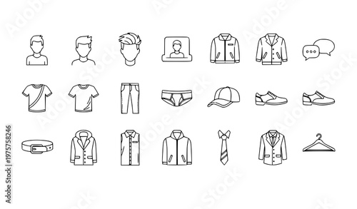 Elegant men outline icons set with clothing hairstyle user and fashion apparel symbols premium vector isolated on white