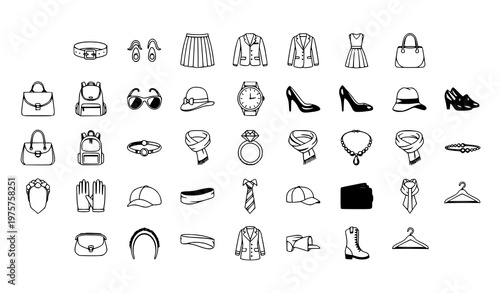 Elegant fashion accessories icons set with clothing bag jewelry and apparel symbols premium filled and outline vector isolated on white