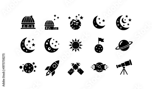 Elegant astronomy filled icons set with moon stars observatory rocket and space symbols premium vector isolated on white