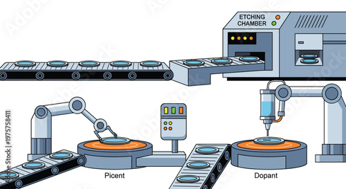Detailed industrial manufacturing scene featuring a conveyor belt moving circular components into an etching chamber with robotic arms performing assembly tasks.