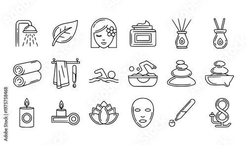 Modern spa icons collection with wellness beauty skincare and relaxation symbols outline vector isolated on white